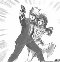 Size: 833x862 | Tagged: safe, artist:johnjoseco, rarity, spike, human, g4, a view to a kill, breasts, cleavage, clothes, crossover, dress, female, grayscale, gun, humanized, james bond, male, monochrome, older, ship:sparity, shipping, straight, strategically covered, suit, tuxedo