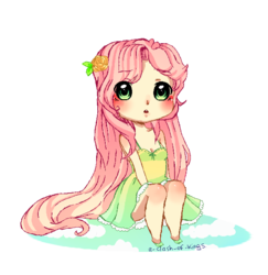 Size: 655x675 | Tagged: safe, artist:a-clash-of-kings, fluttershy, human, g4, breasts, chibi, cleavage, clothes, cute, dress, female, humanized, pixel art, solo, sundress