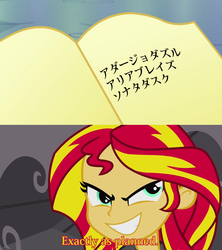 Size: 1223x1378 | Tagged: safe, adagio dazzle, aria blaze, sonata dusk, sunset shimmer, equestria girls, g4, my little pony equestria girls, my little pony equestria girls: rainbow rocks, book, death note, evil, exploitable meme, journey book, just as planned, katakana, meme, the dazzlings