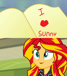 Size: 907x1024 | Tagged: safe, sunset shimmer, equestria girls, g4, exploitable meme, inverted mouth, journey book, love letter, meme