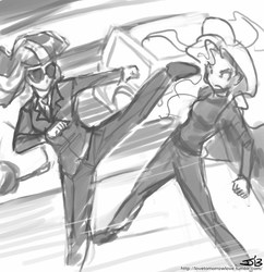 Size: 833x862 | Tagged: safe, artist:johnjoseco, sunset shimmer, twilight sparkle, human, g4, clothes, crossover, fight, grayscale, humanized, monochrome, suit, sunglasses, the matrix, traffic