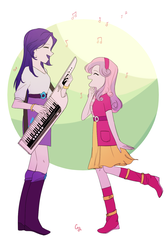 Size: 1000x1500 | Tagged: dead source, safe, artist:magneticskye, rarity, sweetie belle, equestria girls, g4, my little pony equestria girls: rainbow rocks, happy, keytar, laughing, music notes, musical instrument, sisters