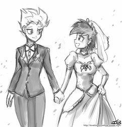 Size: 833x862 | Tagged: safe, artist:johnjoseco, rainbow dash, spitfire, human, g4, clothes, dress, female, grayscale, humanized, lesbian, looking at each other, monochrome, ship:spitdash, shipping, signature, traditional art, tuxedo, wedding, wedding dress