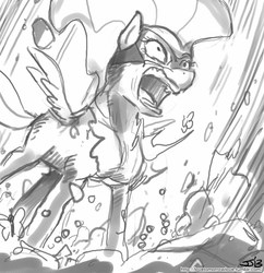 Size: 833x862 | Tagged: safe, artist:johnjoseco, fluttershy, saddle rager, pegasus, pony, g4, angry, badass, flutterbadass, flutterhulk, grayscale, monochrome, open mouth, power ponies, solo, transformation