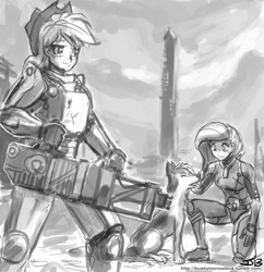 Size: 833x862 | Tagged: safe, artist:johnjoseco, applejack, fluttershy, dog, human, g4, armor, bfg, brotherhood of steel, crossover, dogmeat, fallout, fallout 3, fallout 4, gatling laser, grayscale, humanized, monochrome, power armor, powered exoskeleton, washington monument