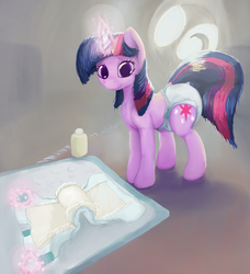 Size: 1263x1384 | Tagged: safe, artist:asdfasfasda, twilight sparkle, pony, unicorn, g4, baby powder, changing mat, cute, diaper, diaper change, female, glowing horn, horn, mare, non-baby in diaper, open diaper, solo, twiabetes, unicorn twilight