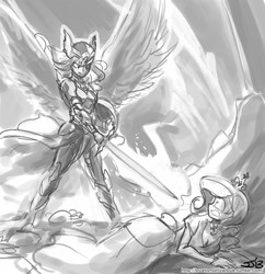 Size: 833x862 | Tagged: safe, artist:johnjoseco, princess cadance, sunset shimmer, human, g4, fantasy class, grayscale, humanized, knight, monochrome, sword, valkyrie, warrior
