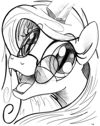 Size: 2608x3275 | Tagged: safe, artist:uminanimu, queen chrysalis, changeling, changeling queen, g4, cute, cutealis, fangs, female, glasses, happy, high res, looking at you, mirror universe, monochrome, open mouth, portrait, reversalis, smiling, solo