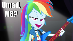 Size: 1920x1080 | Tagged: safe, edit, edited screencap, screencap, rainbow dash, equestria girls, g4, my little pony equestria girls: rainbow rocks, awesome as i wanna be, awesome as i want to be, caption, female, guitar, image macro, meme, rainbow dash is best facemaker, solo, trollface, u mad