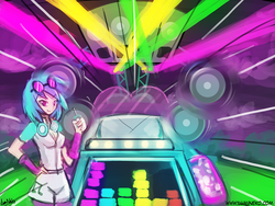 Size: 960x720 | Tagged: safe, artist:lumineko, dj pon-3, vinyl scratch, equestria girls, g4, my little pony equestria girls: rainbow rocks, 30 minute art challenge, bassmobile, car, female, psychedelic, solo