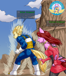 Size: 600x697 | Tagged: safe, artist:aphexangel, oc, oc only, oc:golden gates, anthro, babscon, babscon mascots, bra (dragon ball), brian drummond, brynna drummond, dragon ball, dragon ball z, vegeta, voice actor joke