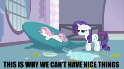 Size: 1277x711 | Tagged: safe, edit, edited screencap, screencap, rarity, sweetie belle, g4, sisterhooves social, faceplant, floppy ears, frown, glare, hub logo, image macro, meme, prone, sweetie fail, this is why we can't have nice things, unamused