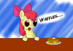 Size: 4850x3454 | Tagged: safe, artist:dash4700, apple bloom, earth pony, pony, g4, cute, drool, female, simple background, solo, starstruck, syrup, table, tongue out, waffle