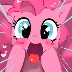 Size: 600x600 | Tagged: safe, artist:senlyo, pinkie pie, earth pony, pony, g4, blushing, cute, eyes on the prize, female, heart, looking at you, mare, open mouth, reaction image, smiling, solo, squishy cheeks, starry eyes, tongue out, wingding eyes