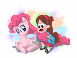 Size: 1024x768 | Tagged: safe, artist:frostfire14, pinkie pie, earth pony, human, pony, g4, crossover, duo, gravity falls, mabel pines, male, playing with hair