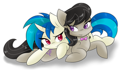 Size: 3490x2082 | Tagged: safe, artist:ambris, dj pon-3, octavia melody, vinyl scratch, earth pony, pony, unicorn, g4, bow, bowtie, cute, duo, duo female, female, high res, horn, looking at each other, looking at someone, lying down, mare, octavia's bowtie, prone, smiling, smiling at each other, tail
