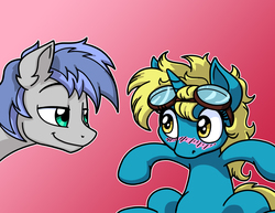 Size: 1650x1275 | Tagged: safe, artist:latecustomer, oc, oc only, oc:kindler, oc:silver rain, pegasus, pony, unicorn, blushing, cute, female, goggles, gradient background, lidded eyes, looking at each other, male, mare, rule 63, smiling, stallion