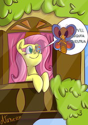 Size: 2893x4092 | Tagged: safe, artist:atane27, fluttershy, butterfly, g4, bust, close-up, colored pupils, english, happy, window