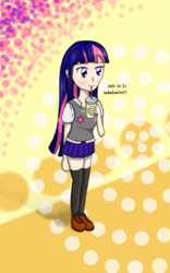 Size: 800x1280 | Tagged: safe, artist:vanillafox2035, twilight sparkle, human, g4, clothes, cup, female, humanized, microskirt, miniskirt, school uniform, schoolgirl, shirt, shoes, skirt, socks, soda, solo, straw, thigh highs, thigh socks, vest