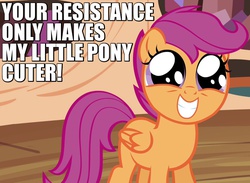 Size: 750x550 | Tagged: safe, edit, screencap, scootaloo, pegasus, pony, g4, twilight time, caption, cute, cutealoo, female, filly, happy, image macro, meme, solo, squee, wide eyes, your resistance