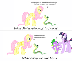 Size: 902x767 | Tagged: dead source, safe, artist:batsy-fey, fluttershy, spike, twilight sparkle, alicorn, pony, snake, g4, female, harry potter (series), mare, ophidiophobia, parseltongue, twilight sparkle (alicorn)