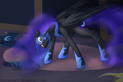 Size: 1024x682 | Tagged: safe, artist:diction, nightmare moon, princess luna, pony, g4, solo, transformation