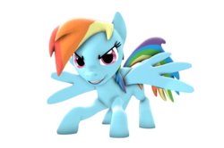 Size: 2713x1800 | Tagged: safe, artist:flare-chaser, rainbow dash, g4, 3d, angry, female, grin, pose, simple background, solo, source filmmaker, spread wings, transparent background