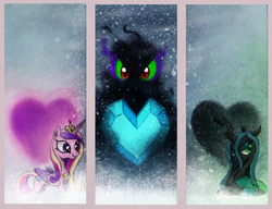 Size: 800x615 | Tagged: safe, artist:hewison, king sombra, princess cadance, queen chrysalis, alicorn, changeling, changeling queen, umbrum, g4, crystal heart, heart, shadow