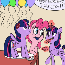 Size: 1000x1000 | Tagged: safe, artist:espeonna, pinkie pie, twilight sparkle, alicorn, earth pony, pony, g4, balloon, cake, creepy, female, mare, trio, twilight sparkle (alicorn)