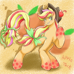 Size: 1100x1100 | Tagged: safe, artist:jiiko, applejack, g4, female, grin, looking at you, pixiv, rainbow power, solo