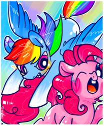 Size: 650x780 | Tagged: safe, artist:mirululu, pinkie pie, rainbow dash, earth pony, pegasus, pony, g4, duo, female, flying, mare