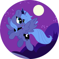 Size: 2000x2000 | Tagged: safe, artist:midnight-st4r, princess luna, g4, :o, female, filly, flying, high res, moon, night, solo, woona