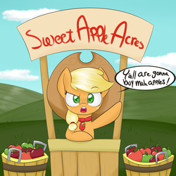 Size: 2000x2000 | Tagged: safe, artist:notenoughapples, applejack, earth pony, pony, g4, accent, apple, apple stand, buy some apples, cute, female, filly, high res, jackabetes, looking at you, necktie, solo, y'all