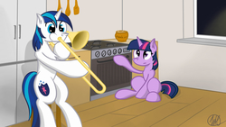 Size: 1920x1080 | Tagged: safe, artist:wan1357, shining armor, twilight sparkle, pony, g4, bipedal, cookie jar, duo, musical instrument, oven, trombone, vine video, when mama isn't home
