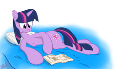 Size: 1920x1080 | Tagged: safe, artist:wan1357, twilight sparkle, g4, bed, book, chest fluff, female, on side, reading, solo