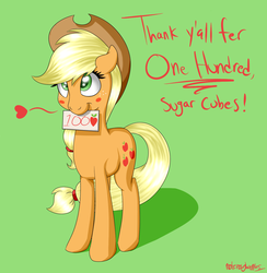 Size: 1209x1238 | Tagged: safe, artist:notenoughapples, applejack, g4, 100 follows, blushing, card, female, heart, milestone, solo