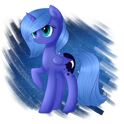 Size: 2338x2341 | Tagged: safe, artist:sannykat, princess luna, pony, g4, abstract background, female, high res, raised hoof, s1 luna, smiling, solo