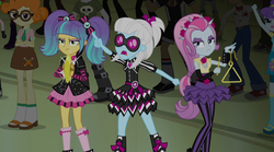 Size: 1280x714 | Tagged: safe, edit, edited screencap, screencap, aqua blossom, crimson napalm, drama letter, normal norman, photo finish, pixel pizazz, scribble dee, teddy t. touchdown, violet blurr, watermelody, wiz kid, equestria girls, g4, my little pony equestria girls: rainbow rocks, background human, cymbals, musical instrument, the snapshots, triangle