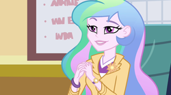 Size: 1280x714 | Tagged: safe, screencap, princess celestia, principal celestia, equestria girls, g4, my little pony equestria girls: rainbow rocks, celestia's office, female, gendo pose, solo