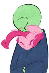 Size: 319x466 | Tagged: safe, artist:php27, pinkie pie, oc, oc:anon, earth pony, human, pony, g4, adoranon, blushing, clothes, cozy, cute, diapinkes, duo, simple background, snuggling, sweater, white background