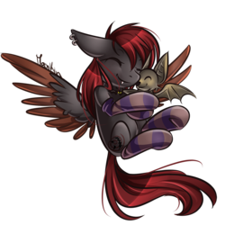 Size: 1100x1100 | Tagged: safe, artist:moenkin, oc, oc only, oc:spiral night, bat, pegasus, pony, clothes, colored wings, colored wingtips, cute, fangs, piercing, simple background, socks, striped socks, transparent background