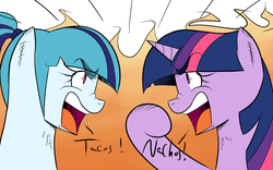 Size: 1501x938 | Tagged: safe, artist:thethunderpony, sonata dusk, twilight sparkle, alicorn, pony, g4, angry, argument, female, fire, mare, payots, sonataco, that girl sure loves tacos, that pony sure does love nachos, that pony sure does love tacos, that siren sure does love tacos, twilight sparkle (alicorn)