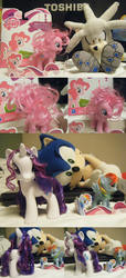 Size: 1000x2194 | Tagged: safe, artist:segamew, pinkie pie, rainbow dash, rarity, g4, brushable, crossover, irl, male, photo, plushie, silver the hedgehog, sonic the hedgehog, sonic the hedgehog (series), toshiba, toy