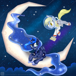 Size: 800x800 | Tagged: safe, artist:swanlullaby, derpy hooves, princess luna, pegasus, pony, g4, female, letter, mailpony, mare, moon, smiling, spacesuit, tangible heavenly object