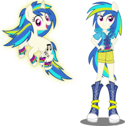 Size: 2630x2652 | Tagged: safe, artist:xebck, dj pon-3, vinyl scratch, pony, unicorn, equestria girls, g4, rainbow rocks, converse, cutie mark, female, high res, hooves, horn, humanized, mare, multicolored hair, open mouth, ponied up, rainbow hair, rainbow power, rainbow power-ified, rainbow tail, self ponidox, simple background, smiling, solo, transparent background, vector