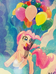 Size: 1536x2048 | Tagged: source needed, safe, artist:kay-chi, pinkie pie, g4, balloon, cute, photo, sky, smiling, then watch her balloons lift her up to the sky, traditional art
