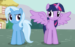 Size: 1500x950 | Tagged: safe, artist:asika-aida, artist:lonely-frostflower, trixie, twilight sparkle, alicorn, pony, g4, female, height difference, mare, size difference, twilight sparkle (alicorn)
