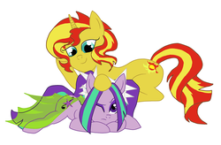 Size: 1280x840 | Tagged: safe, artist:itsnotdaijoubu, aria blaze, sunset shimmer, pony, unicorn, equestria girls, g4, my little pony equestria girls: rainbow rocks, duo, duo female, equestria girls ponified, female, lesbian, ponified, ship:sunblaze, shipping, simple background, siren wings, white background