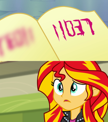 Size: 1223x1378 | Tagged: safe, sunset shimmer, equestria girls, g4, blood, book, crossover, danganronpa, exploitable meme, journey book, leon kuwata, meme