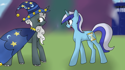 Size: 1024x576 | Tagged: safe, artist:chezamoon18, doctor whooves, minuette, star swirl the bearded, time turner, pony, unicorn, g4, blurry background, commission, commissioner:alkonium, hat, rule 63, tardis, the doctoress, wizard hat, wizard robe